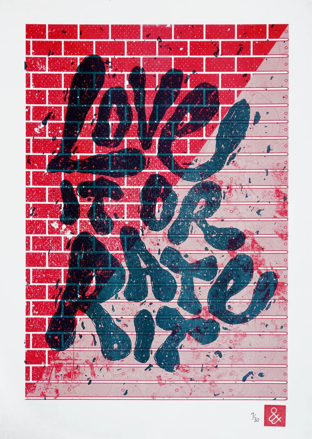 A screenprint with the text "Love it or rate it" in dark blue handdrawn letters on a red brick background