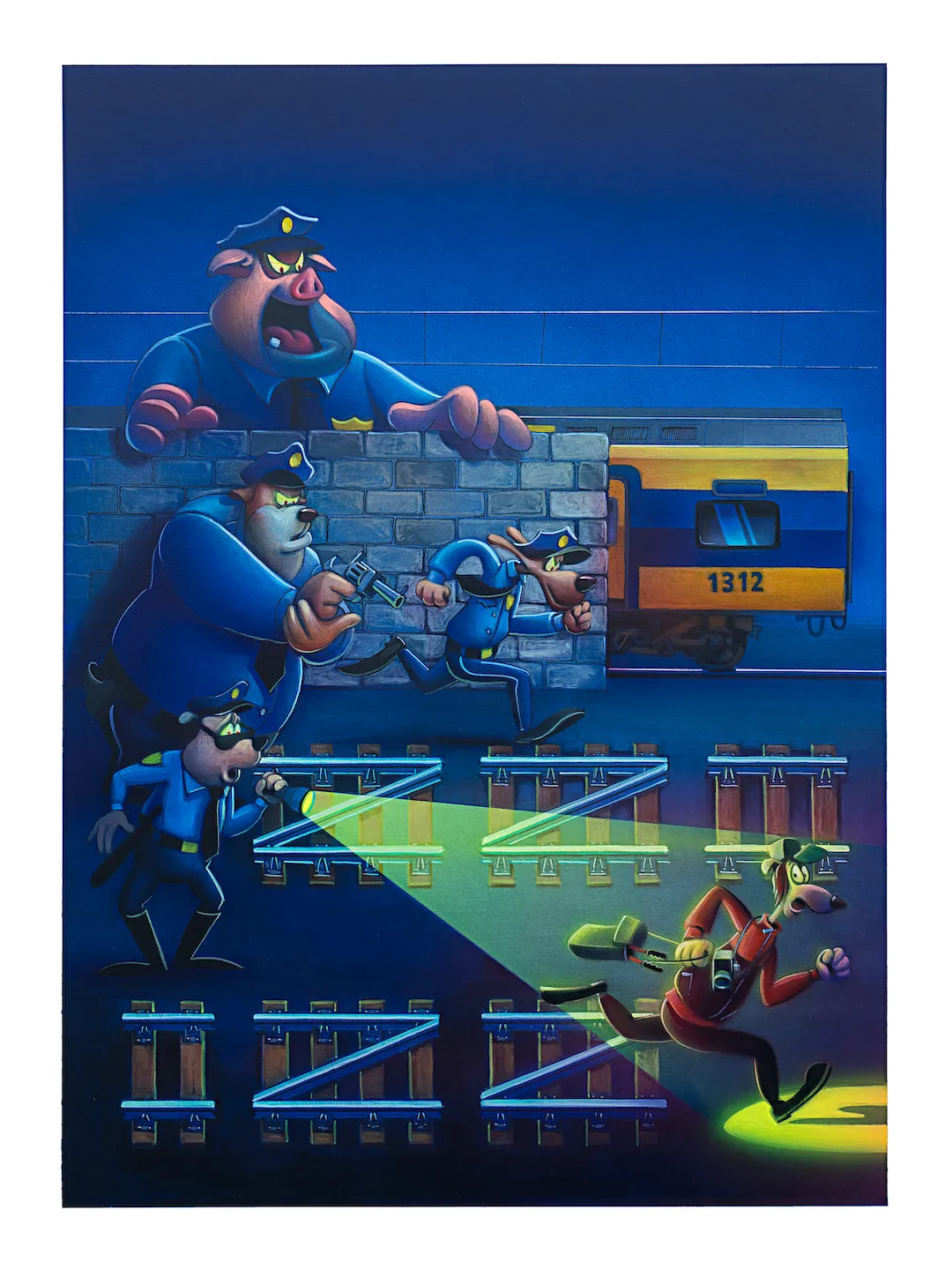 Print of a painting containing a Dutch doubledecker train type VIRM with a cartoon graffiti writer chased by the police