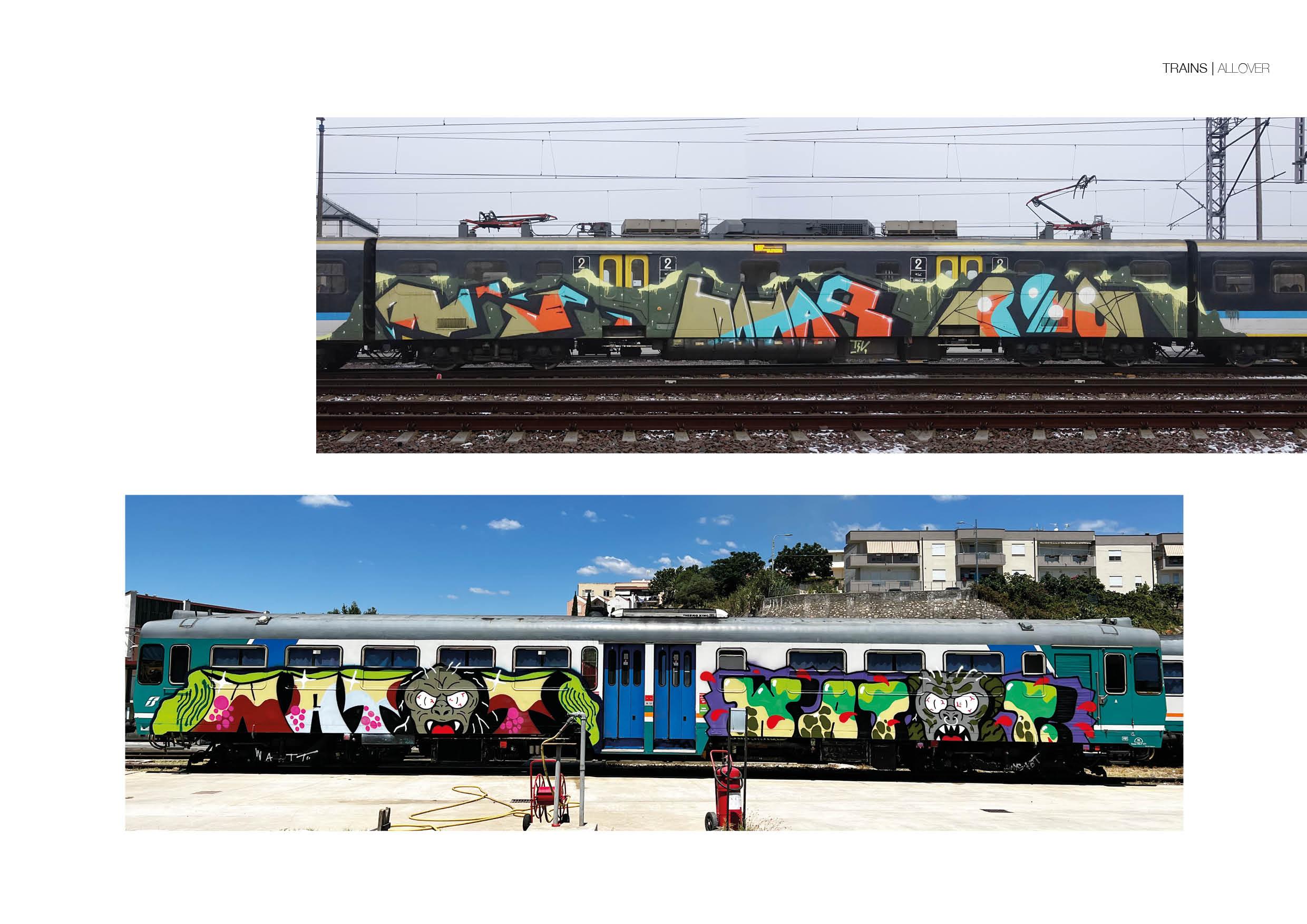 Two end-to-end painted trains