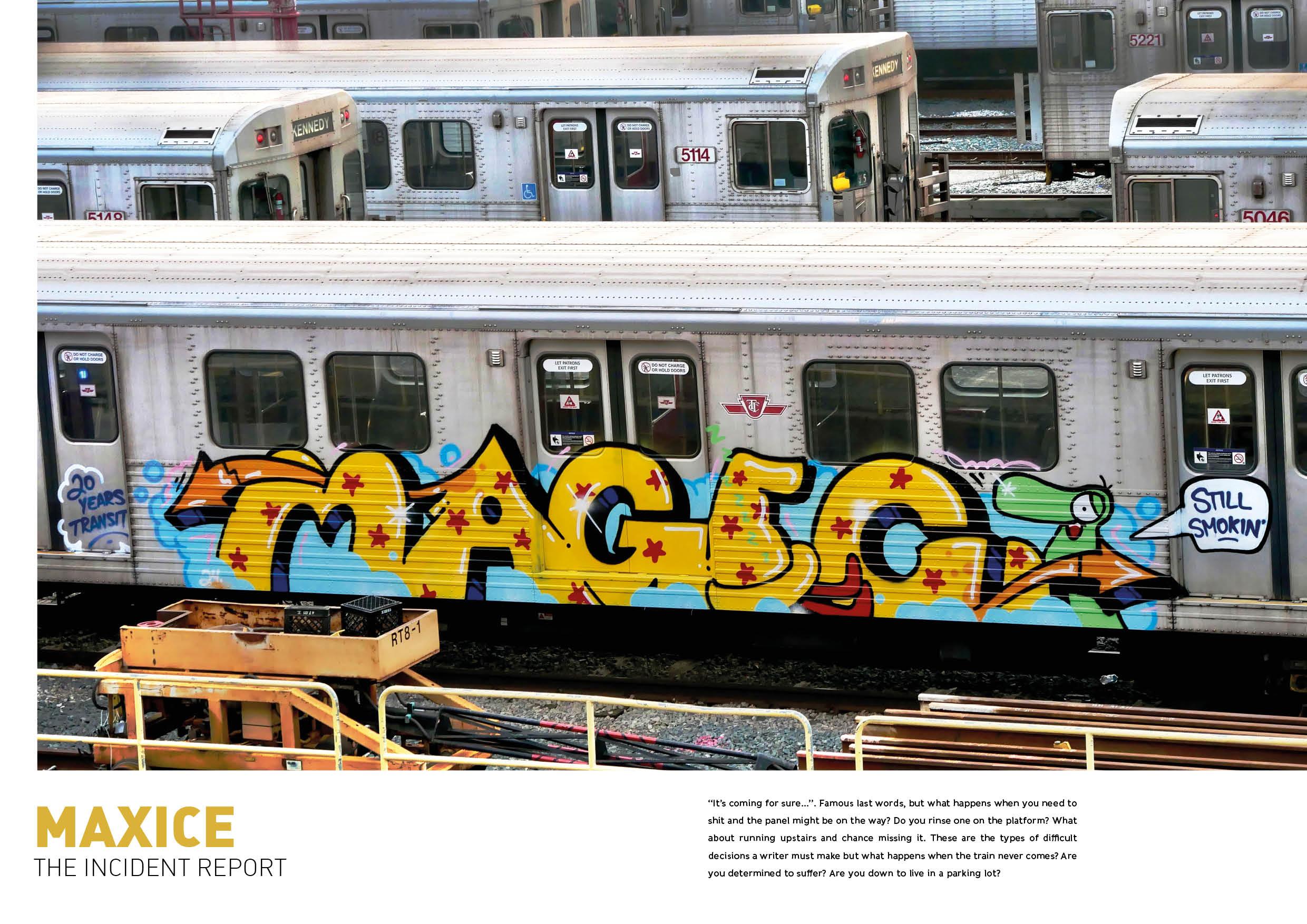 The openingspread of the Maxice report, showing a painted Toronto metro with the letters "Magic". Viewed from above