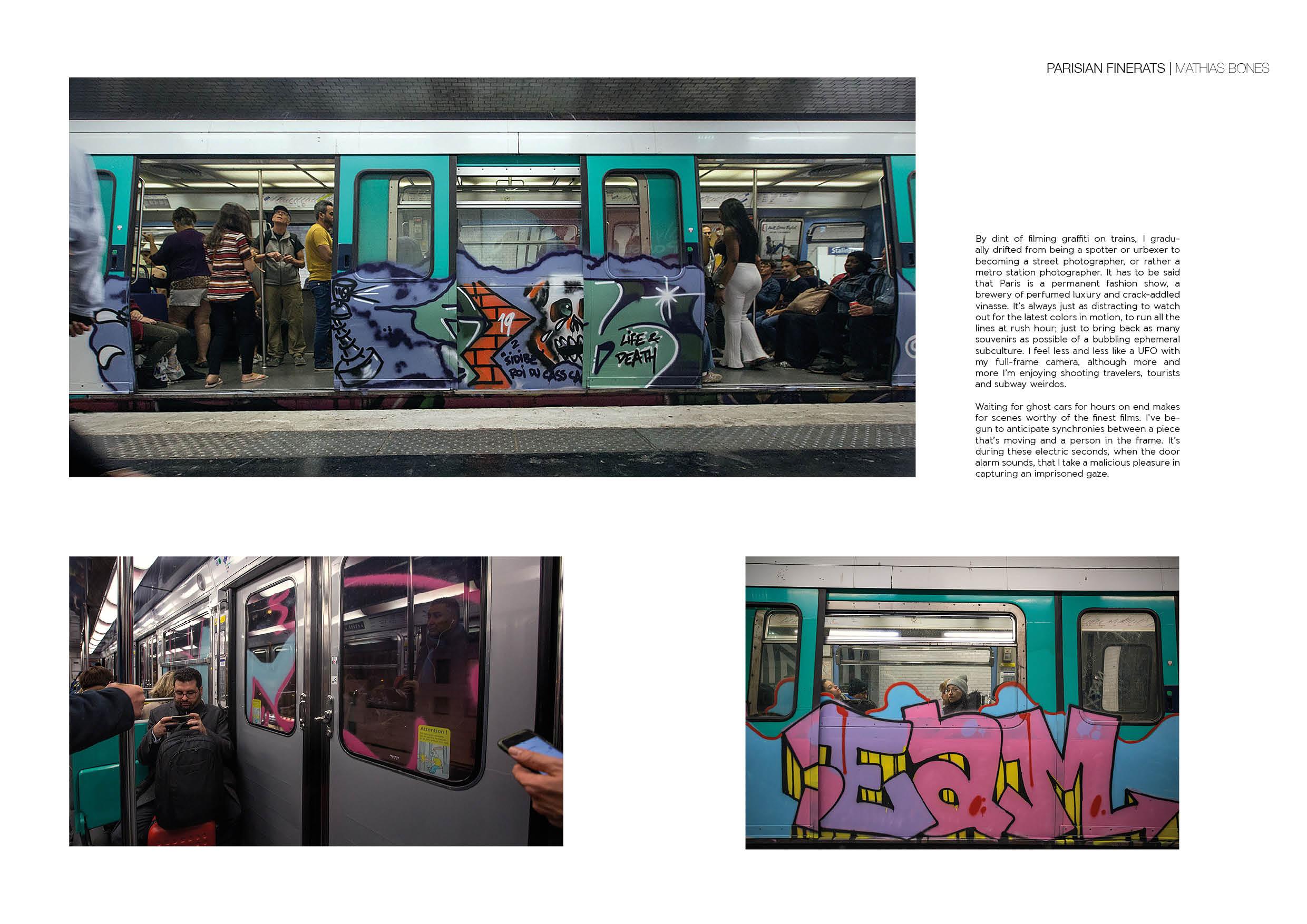 Three photos of painted Paris metros in traffic, photographed by Mathias Bones