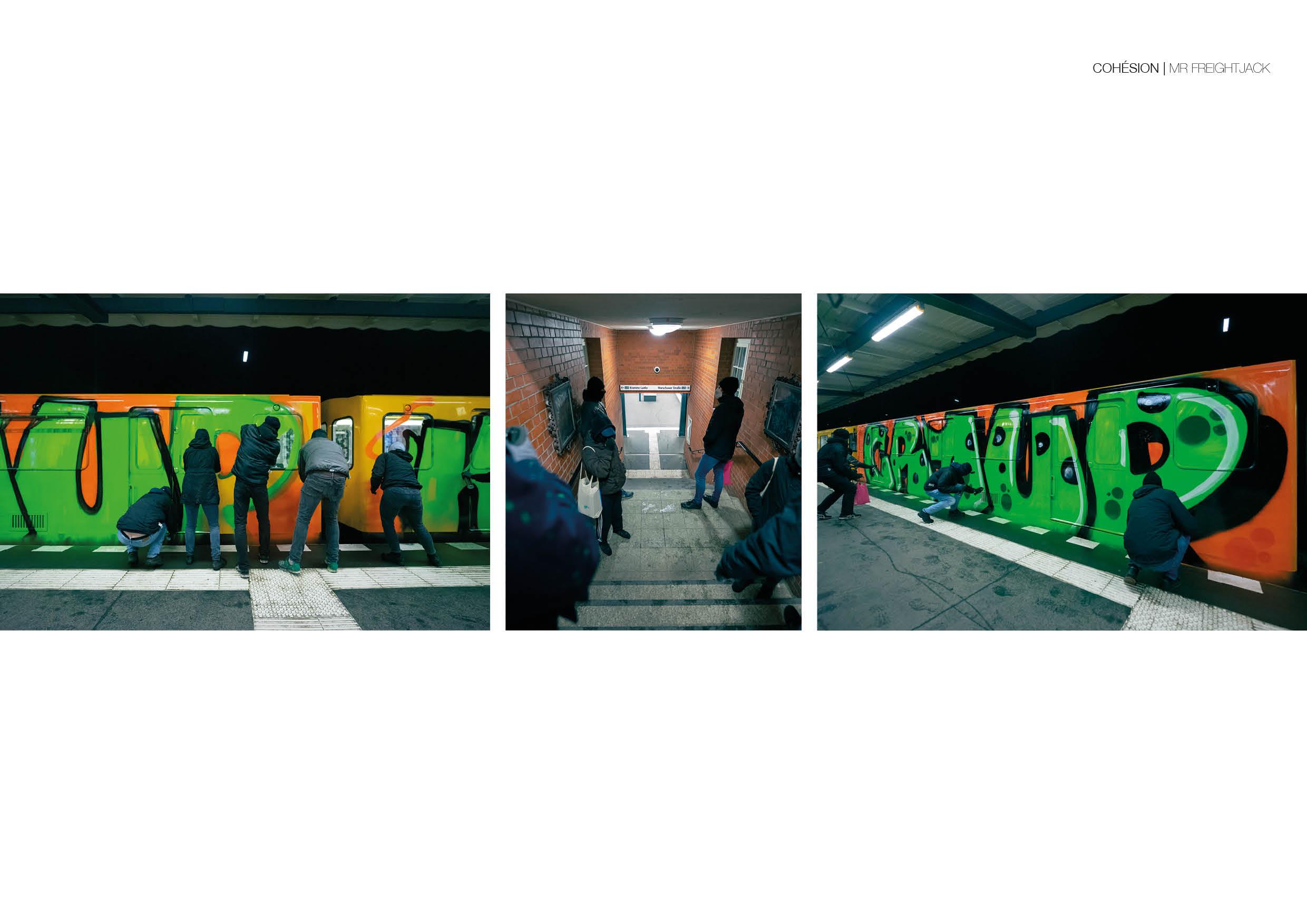 A triptych of photos showing a group of guys painting a Berlin subway on the platform with bright green and orange colors, photographed by Mr Freightjack