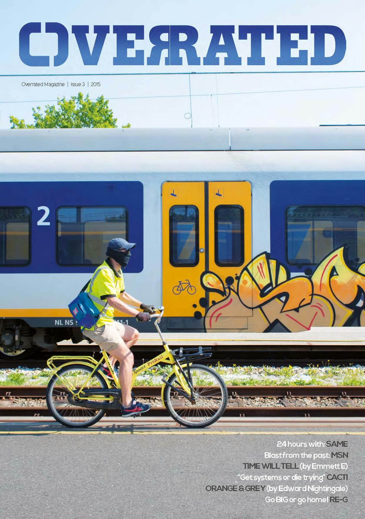 The cover of Overrated Magazine issue #3 showing someone on a railway bike in front of a painted Dutch train
