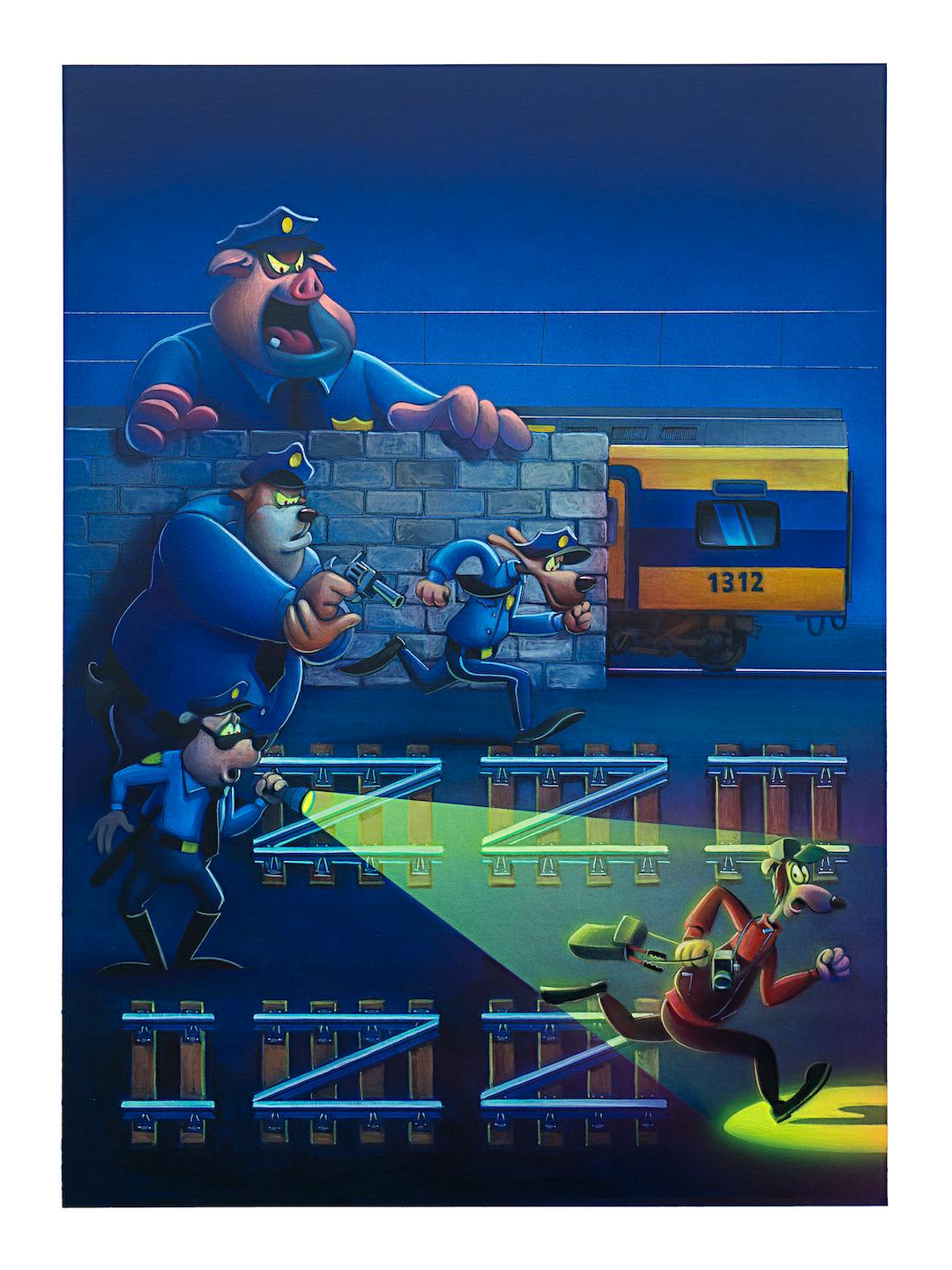 Print of a painting containing a Dutch doubledecker train type VIRM with a cartoon graffiti writer chased by the police