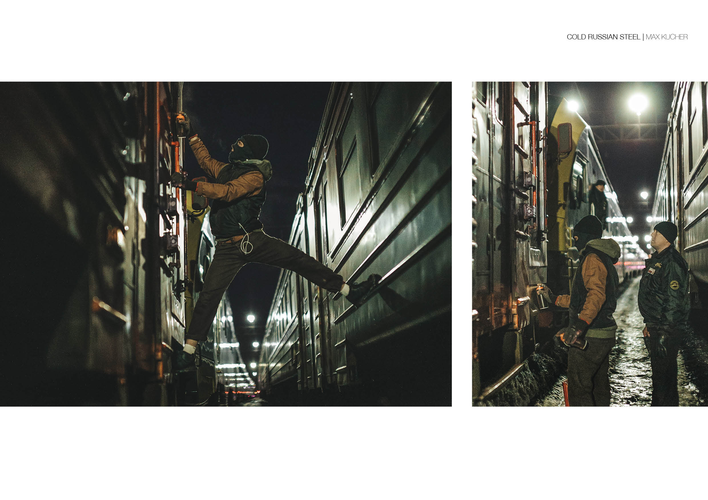 Two photos by Max Kucher, showing someone painting a Russian train while the security is watching